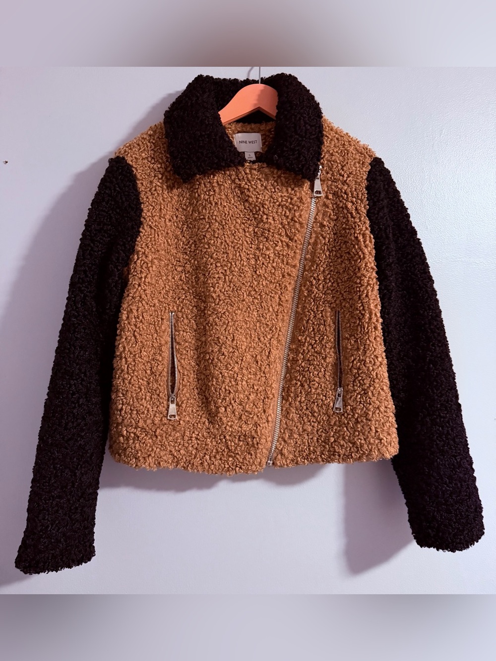 Nine West Two-Tone Sherpa Jacket in Brown and Black